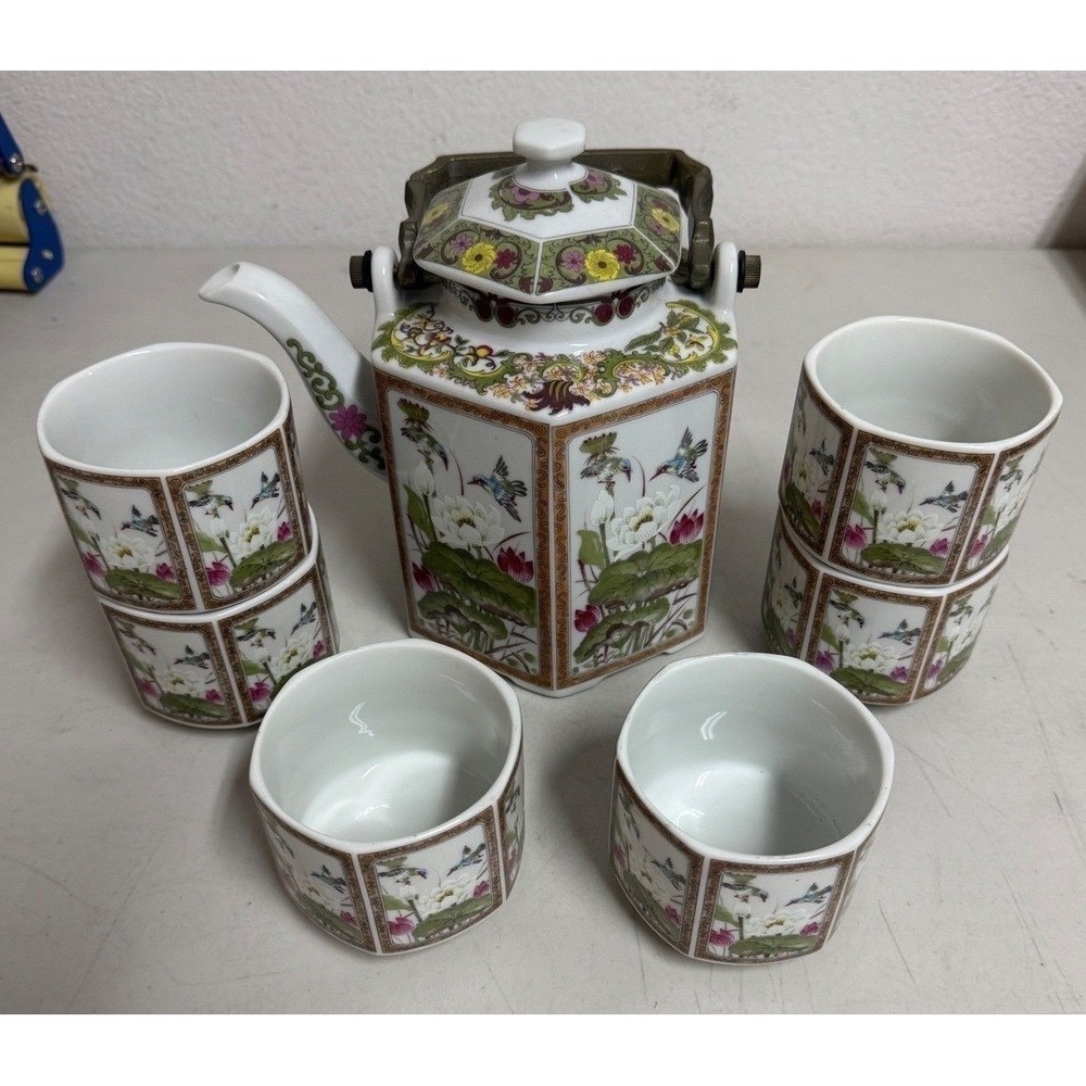 Vintage Toyo Multicolor Ming Lotus Tea Set Hexagonal Teapot 6 Cups Japan